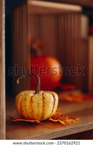 Pumpkin decorations with hay, baskets, and cozy chair place