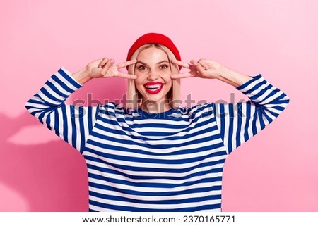 Photo of nice youngster funky girlfriend show double v sign over her head smiling toothy stylish student isolated on pink color background