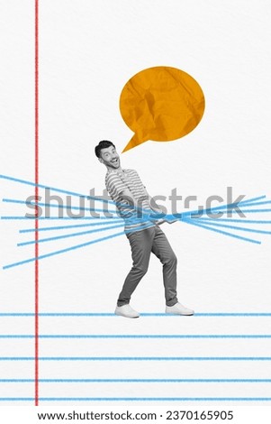 Vertical creative composite photo collage of nice optimistic guy hold lines of copybook tell phrase isolated on drawing background