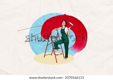 Creative composite photo collage of positive happy woman hold painting brush stand on ladder draw wall isolated on painted background