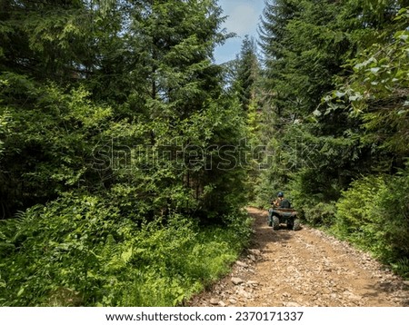 A man rides an ATV on a dirt road in the forest on a sunny summer day. A man rides an ATV. Natural sports background, natural activity background. High quality photo