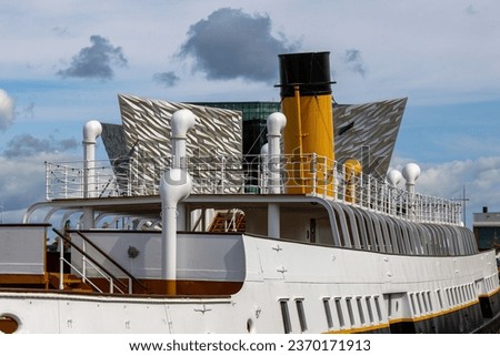 SS Nomadic (1911), a steamship of the White Star Line. Belongs to the titanic museum, at titanic quarter. With details of the anchor, chimneys and ventilation. Belfast, Northern Ireland,UK Royalty-Free Stock Photo #2370171913