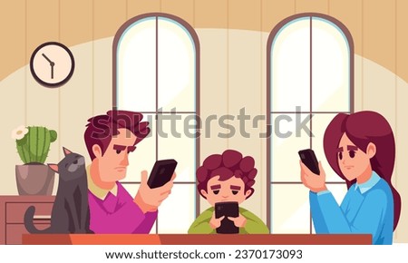 Smartphone addiction design concept with mother father and little son looking in their gadgets in home interior vector illustration Royalty-Free Stock Photo #2370173093