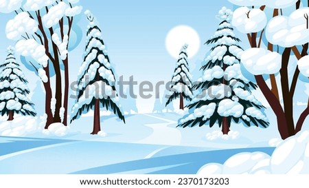 Sunny winter forest cartoon composition with natural trees covered with hoarfrost and snow vector illustration Royalty-Free Stock Photo #2370173203