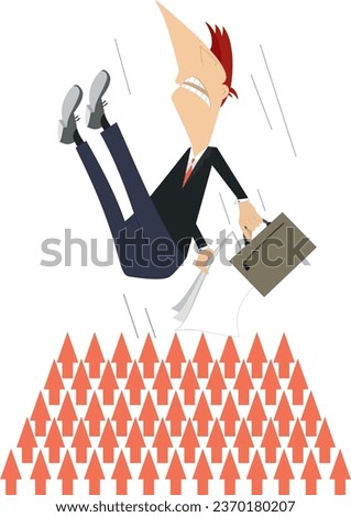 Frightened businessman and arrow signs concept illustration.
Frightened man with bag and papers falling down on the sharp arrows. Isolated on white background
