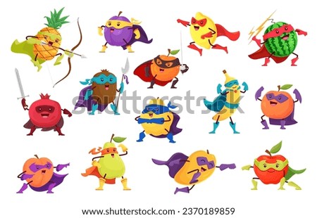 Cartoon fruit superhero and defender characters. Vector farm berry food super hero personages in costumes and capes. Funny banana, lemon, apple and peach, plum, watermelon and pineapple superheroes Royalty-Free Stock Photo #2370189859