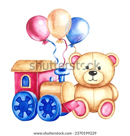 Cute teddy bear with cartoon design. Handmade watercolor illustration. Isolate. For greeting cards, stickers and decorations, compositions and labels, packaging and prints.