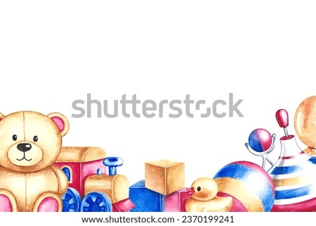 Banner with children's toys. A ball and a spinning top, cubes and a teddy bear, a train. Handmade watercolor illustration. For the design of children's books, postcards and flyers. For banners, labels