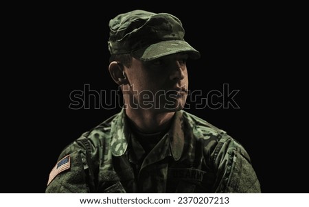 Man, soldier and war on black studio background, ptsd and patriotic in military, sad and depressed. Army, mental health issues and hero for country, service and duty with grief, thinking and veteran