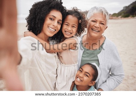 Beach selfie, grandma or mom with happy kids in nature on family holiday vacation taking photograph. Portrait, social media or senior mother at sea with woman, kid or girls to relax or bond together