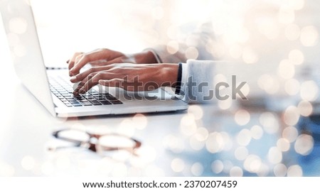 Laptop, hands and business woman typing in an office with bokeh doing research for accounting budget. Technology, email and closeup of professional female accountant working on computer in workplace.