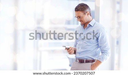 Consultant, man and banner with a cellphone, typing and connection with internet, social media or planning. Person, employee or worker with smartphone, business or email notification with internet