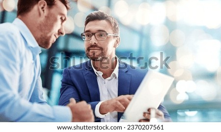 Business people, team advice and tablet for collaboration, corporate meeting and b2b ideas for sales and finance data. Professional manager and client talking of growth strategy on digital technology Royalty-Free Stock Photo #2370207561