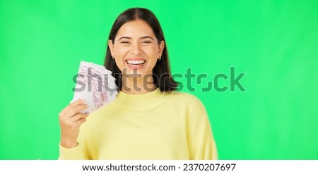 Money winner, portrait or happy woman on green screen with lottery jackpot, competition giveaway. Goal, success or excited rich female person with Euros or gambling cash prize on studio background