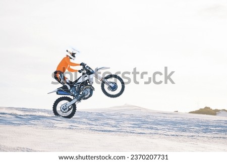 Motorbike, person and sports with training, challenge and with safety, travelling and workout with fitness. Athlete, sand and biker with mockup, practice and cycling with exercise, summer and energy