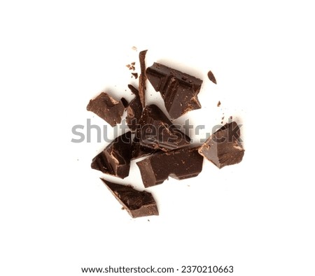 Grated Chocolate Isolated, Broken Crushed Chocolate Shavings, Crumbs Pile, Scattered Flakes, Cocoa Sprinkles for Desserts Decoration on White Background Top View Royalty-Free Stock Photo #2370210663