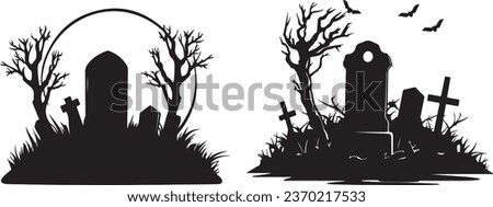 Tomb Stones in Vector Silhouettes for Halloween: Gravestone, Headstone, and Tombstone Icons. Christian Cemetery Monuments, Funeral Grave Burial, and Graveyard Tombstones Royalty-Free Stock Photo #2370217533