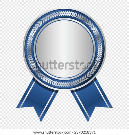 Silver medal with blue ribbon. Silver badge with blue ribbon. Blank silver medal. Champion and winner awards sports medal. Vector illustration Royalty-Free Stock Photo #2370218391