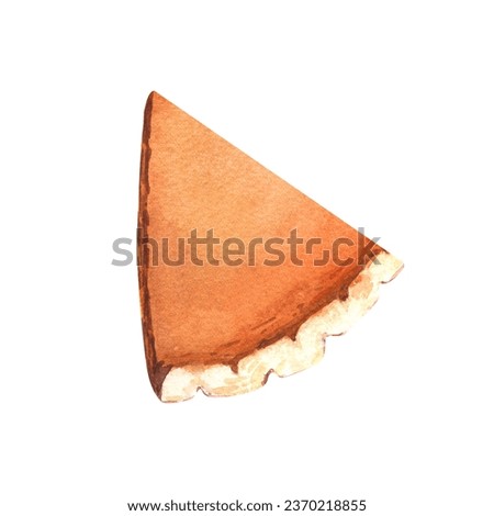 Watercolor realistic traditional dessert for Thanksgiving dinner, orange pumpkin slice pie. Hand-drawn illustration isolated on white background. Perfect for menu, cooking, packing, card thanksgiving