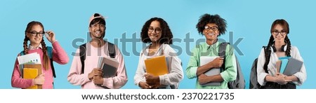 Study Abroad. Group Of Multiethnic Students Posing Together Over Blue Studio Background, Diverse Young Men And Women Carrying Workbooks And Backpacks Smiling At Camera, Collage, Panorama Royalty-Free Stock Photo #2370221735