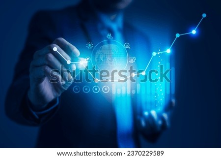 Businessman points at a graph with icons symbolizing data analysis, marketing, databases, statistics, strategy, big data, forging the path to success in the modern business