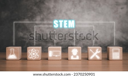 STEM concept, Wooden block on desk with stem icon on virtual screen