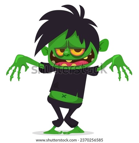 Cartoon funny green zombie with pink brains outside of the head. Walking dead character design.  Halloween  illustration 