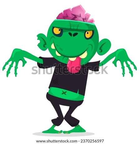 Cartoon funny green zombie with pink brains outside of the head. Walking dead character design.  Halloween  illustration 