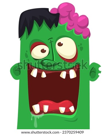 Cartoon funny green zombie character design with scary face expression. Halloween  illustration  on white.Party poster or invitation card
