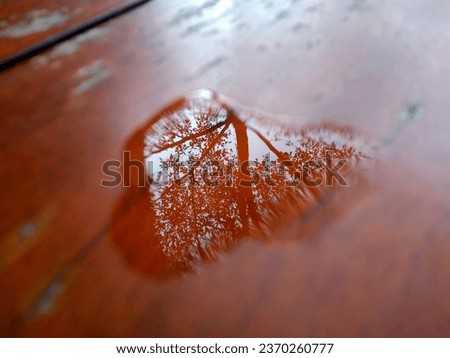 water droplets on the table, you can see the view it reflects