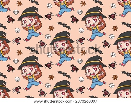 cute girl with witch hat and magical halloween properties included bat, skull, leaves, and spider