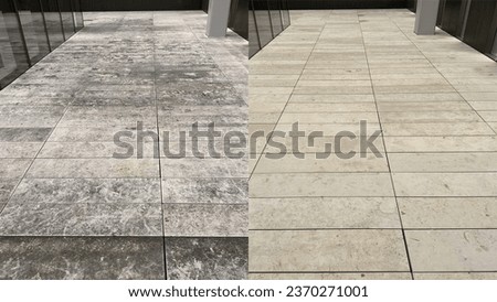 Before and after, cleaning on an old external natural marble floor Royalty-Free Stock Photo #2370271001