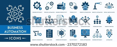 Business Automation icon set. Machine learning line icons. Robotics, iot, biometric, device, chip, robot, cloud computing and automation icon Royalty-Free Stock Photo #2370272183