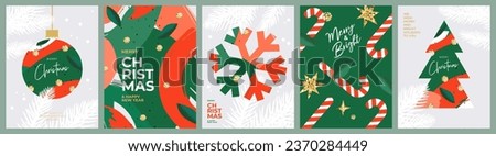 Merry Christmas and Happy New Year greeting card Set. Modern Xmas design with typography, beautiful Christmas tree and ball, snowflake, candy cane pattern. Minimal art banner, poster, cover templates Royalty-Free Stock Photo #2370284449