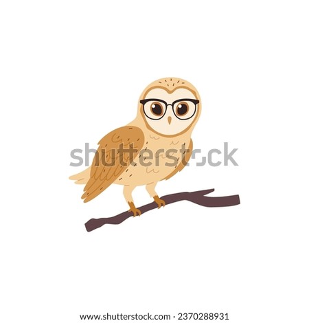 Smart owl wearing glasses, cartoon flat vector illustration isolated on white background. Bird sitting on branch. Wild animal drawing. owl as symbol of education.