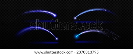 Shooting star arc light with magic neon curve. Glitter flare arch line trail. Blue dust sparkle glowing from meteor flying at night. Twinkle burst transparent element motion isolated tail set