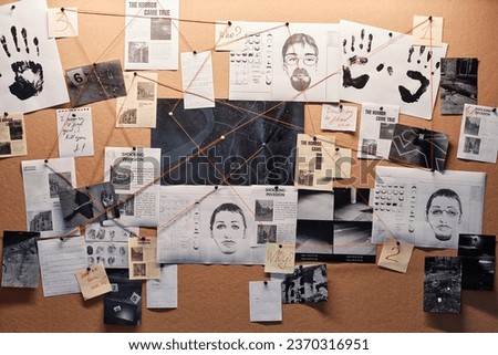 Background image of evidence board with pictures of criminals in detectives office, copy space
