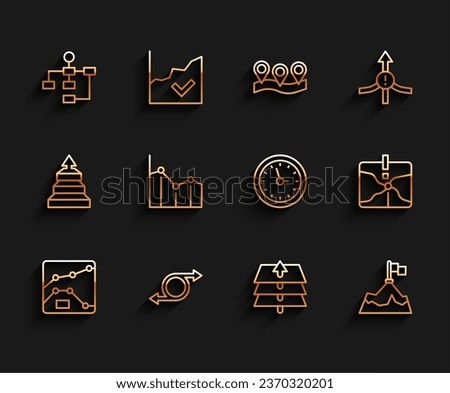 Set line Graph, chart, diagram, Arrow, Hierarchy organogram, Layers, Mountains with flag, Pie infographic, Intersection point and Clock icon. Vector