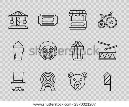 Set line Magician, Firework rocket, Fast street food cart, Target, Attraction carousel, Clown head, Bear and Drum with drum sticks icon. Vector