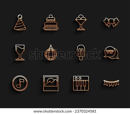 Set line Music note, tone, Photo, Party hat, synthesizer, Carnival garland with flags, Disco ball, Vip in speech bubble and Ice cream icon. Vector