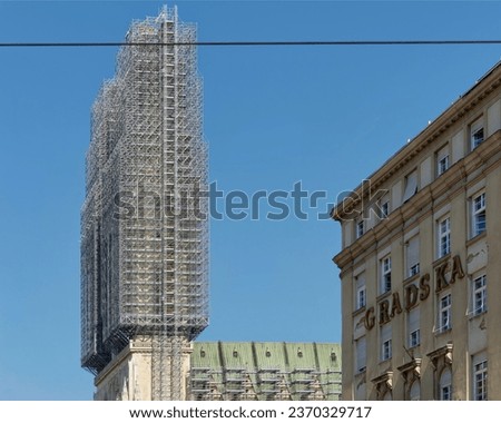 View from the Jelacic square at the towers of the Zagreb Cathedral that are currently under renovation in Zagreb, Croatia
