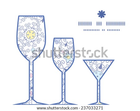 Vector ornamental abstract swirls three wine glasses silhouettes pattern frame
