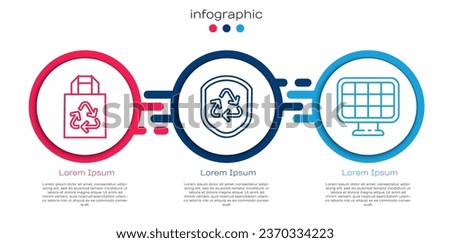 Set line Paper bag with recycle, Recycle symbol inside shield and Solar energy panel. Business infographic template. Vector