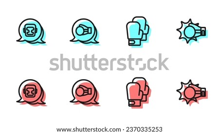 Set line Boxing glove, helmet,  and Punch boxing icon. Vector