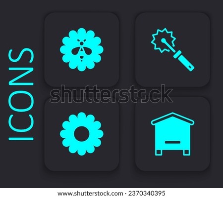 Set Hive for bees, Bee on flower, Cutter roll honey and Flower icon. Black square button. Vector