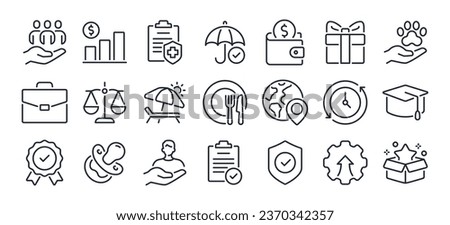 Employee benefit editable stroke outline icons set isolated on white background flat vector illustration. Pixel perfect. 64 x 64. Royalty-Free Stock Photo #2370342357