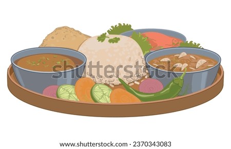 Nepalese Thali Set (Dal Bhat), Vegetarian dish. Vector, flat style. White boiled rice, curry, flatbread, sauce, yashgurt, vegetables, dal, spicy seasonings. Simple food for strength in the mountains. Royalty-Free Stock Photo #2370343083