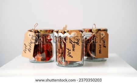 Gift in jar ideas. Get Well Soon Gifts kit with vitamins, nuts, spices, dry oranges, Cinnamon Sticks in jars. Care package, gift box for a sick friend. Feel Better Gifts, Thinking of You Gift kit