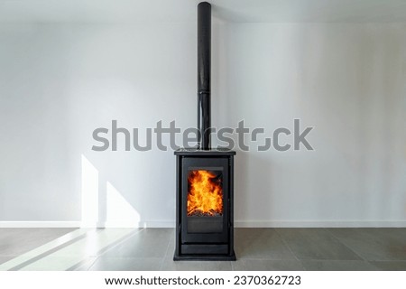 Fireplace inside house modern living room. Cosy living room with wood burner stove with burning flame behind a glass door  Royalty-Free Stock Photo #2370362723