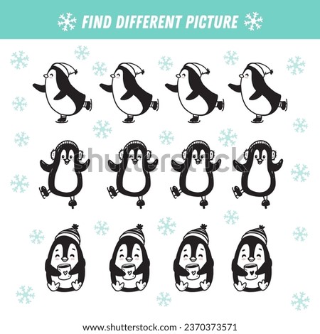 Find different penguin in each row. Christmas Logical game for kids. Cartoon penguin. Doodle. Vector